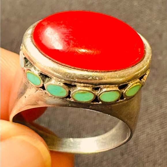 Rare Red Coral & Turquoise Ring in Sterling Silver unique setting
